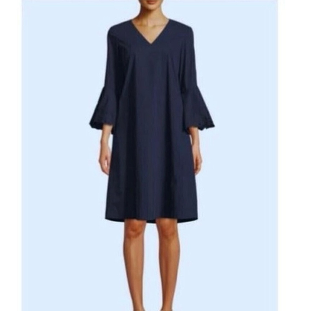 Lafayette 148 Holly Bell Sleeve Shift Dress Large 12 Navy Office Work Career